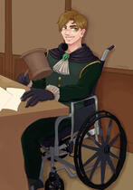 An artwork of DJF as a Prosecutor from the game Town of Salem 2. The image shows a man with light brown hair, fair skin and green eyes. He's wearing a black cape that's connected with a green jewel, sitting in a gold frame. He is wearing a green vest with